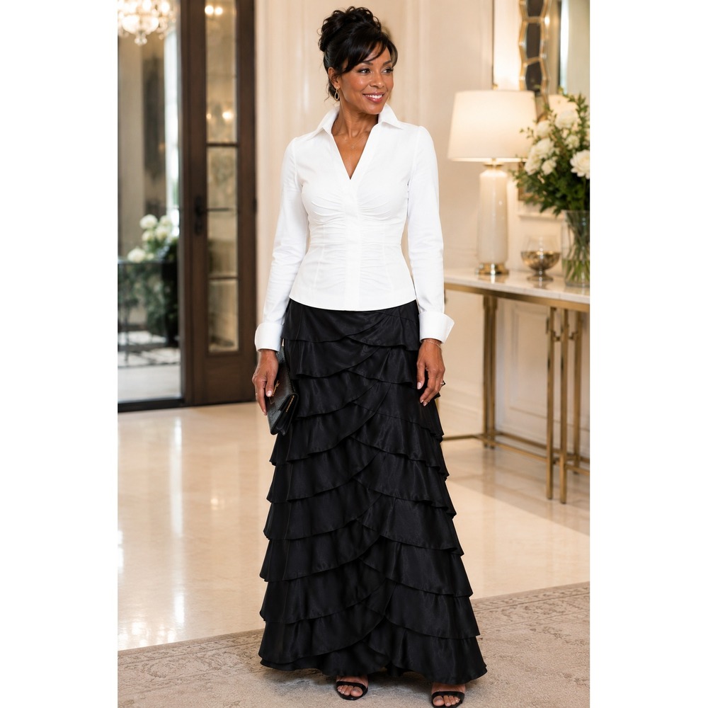 NWT Adrianna Papell Evening Essentials Size 14 Black‎ Tiered Ruffle Maxi Skirt